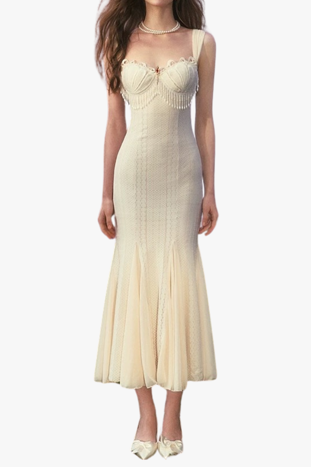 ATALANTA EMBELLISHED FLARED MIDI DRESS CREAM WHITE
