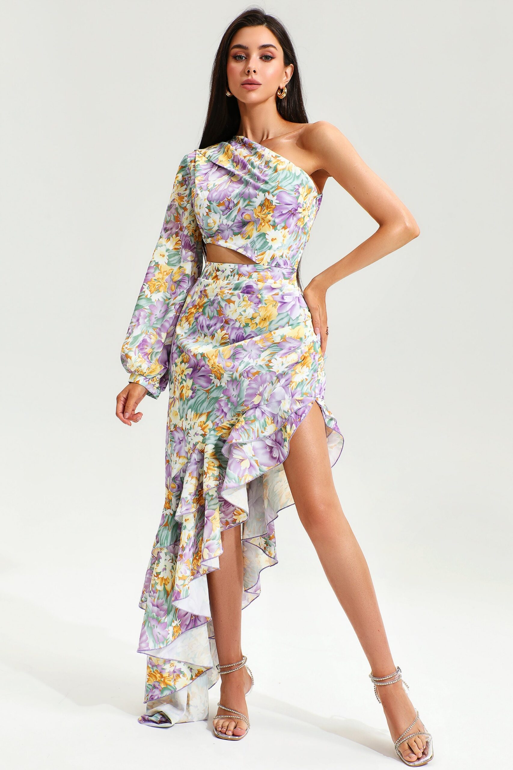 ASYMMETRICAL RUFFLED ONE SLEEVE MIDI DRESS