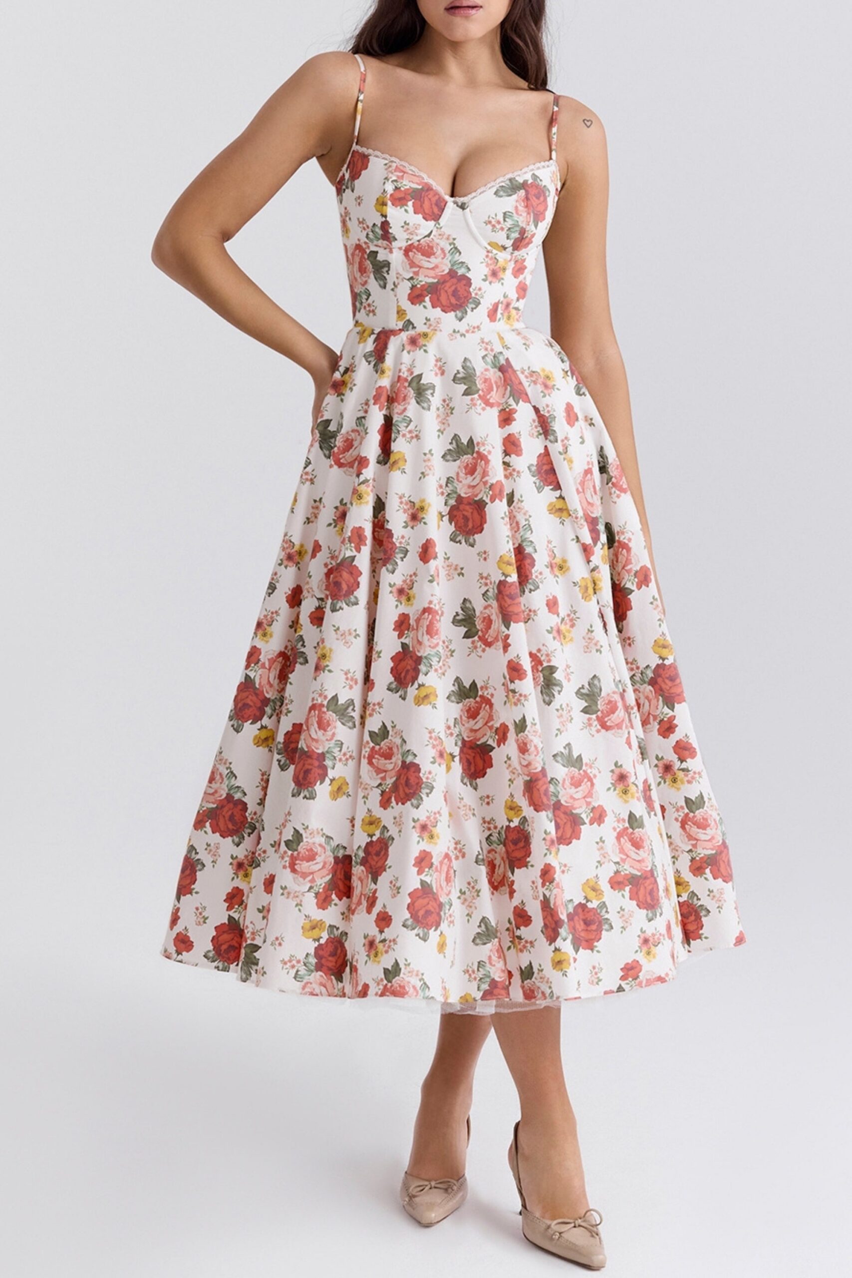 ITALIAN ROSE PRINT TULLE MIDI DRESS