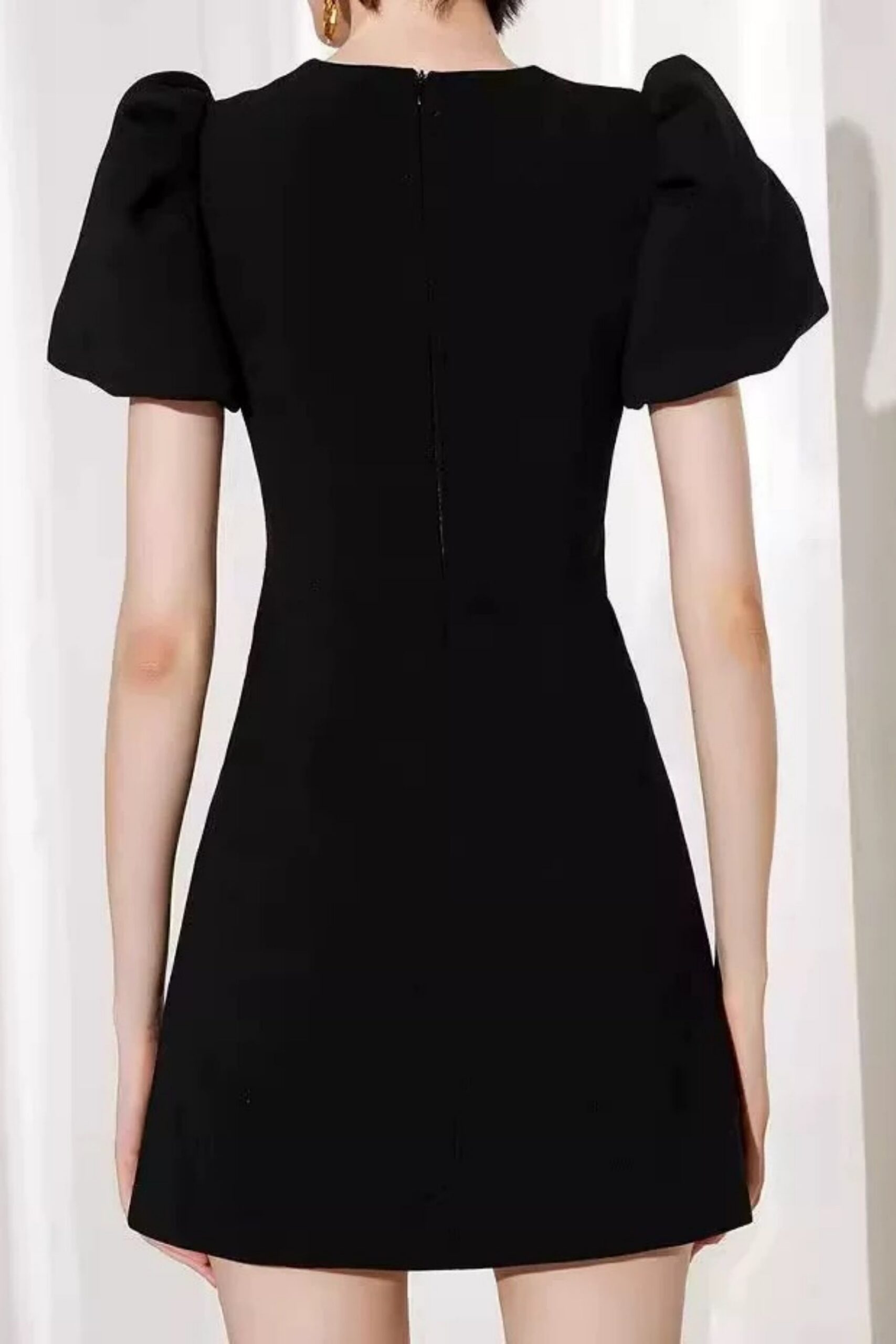 VANESSA BOW PUFF SLEEVE MINI BLACK COCKTAIL DRESS