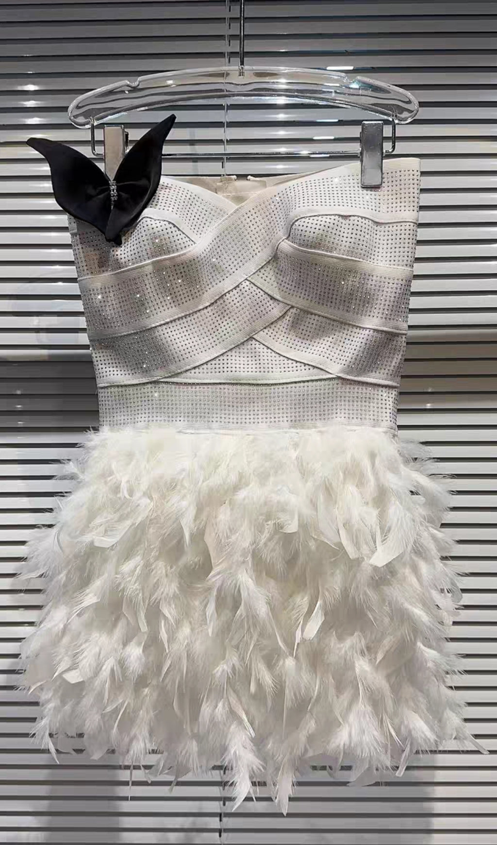 RHINESTONE FEATHER STRAPLESS WHITE MINI DRESS