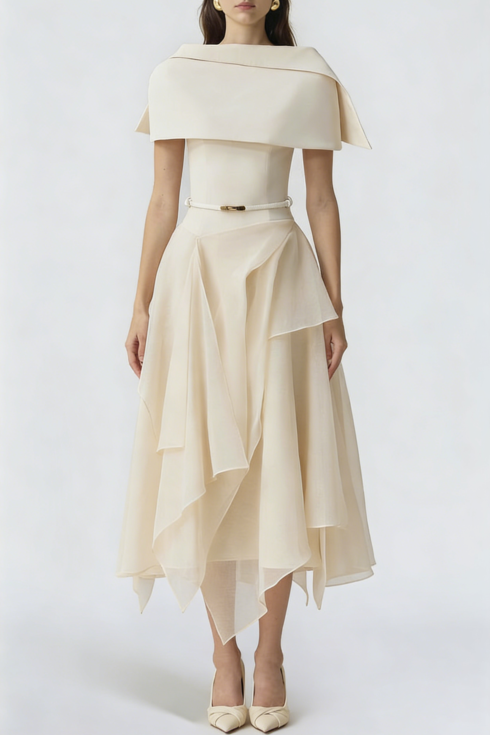 KELLY BEIGE CAPE SLEEVE RUFFLE MIDI DRESS W BELT