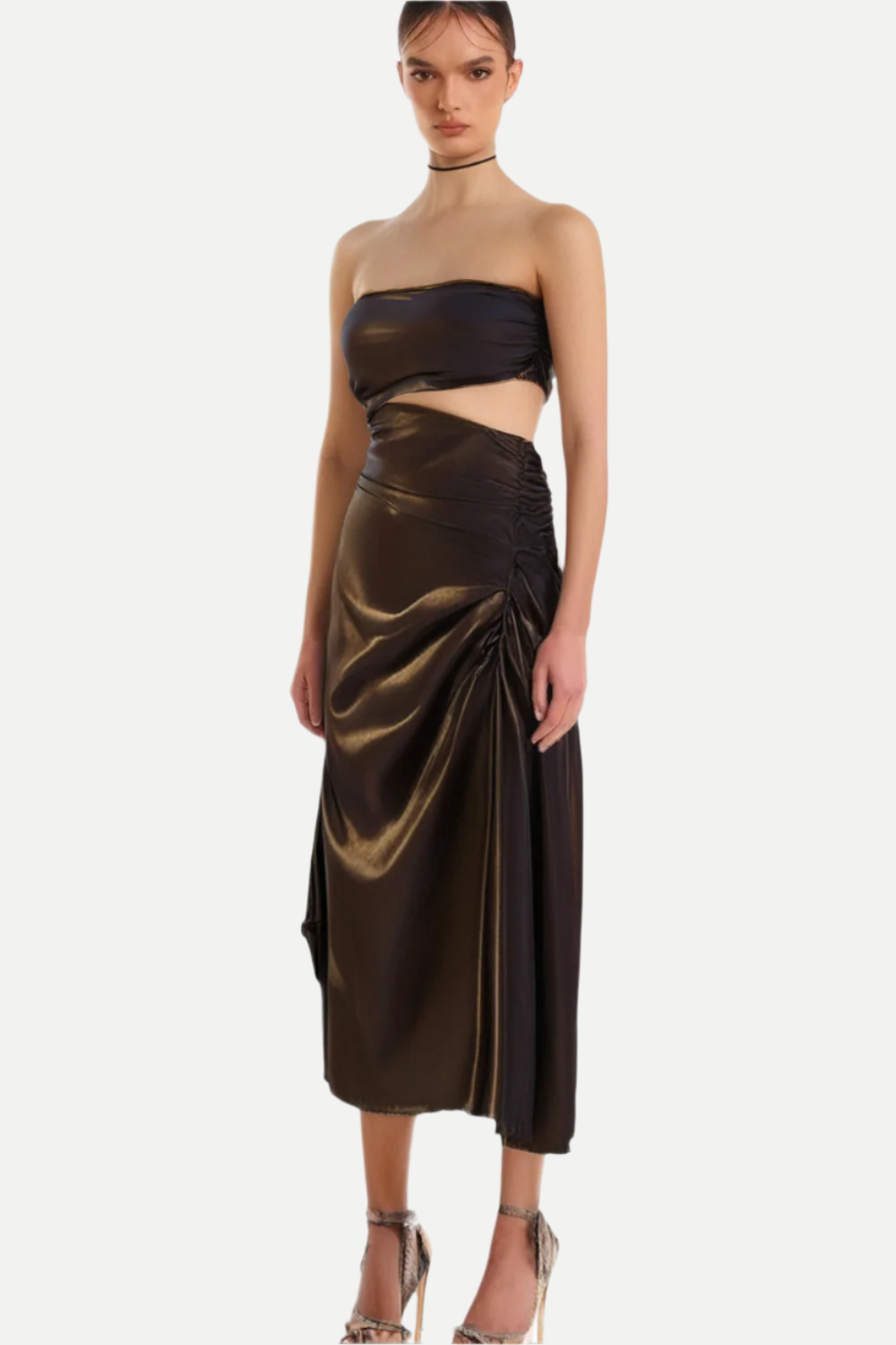 STRAPLESS LEATHER MIDI DRESS WITH CUTOUT FOR PARTY
