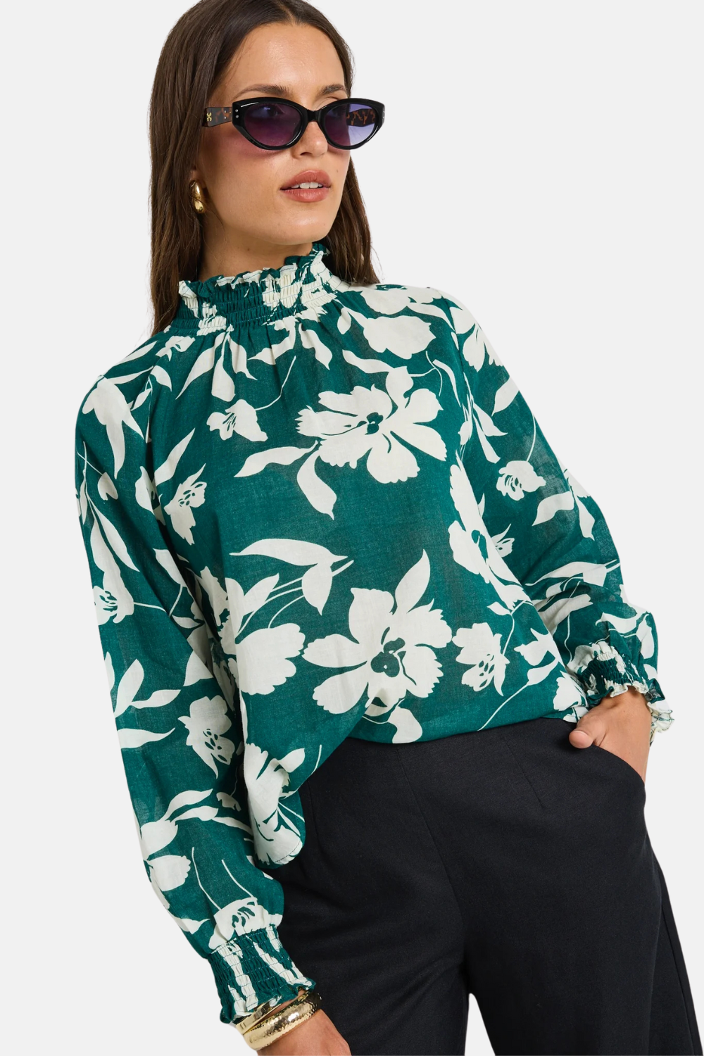 AFFECTION FOREST FLORAL SHIRRED HIGH NECK TOP