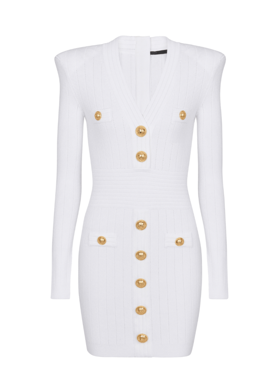 VICKY V-NECK MINI DRESS - WHITE RIBBED, BUTTON DETAIL