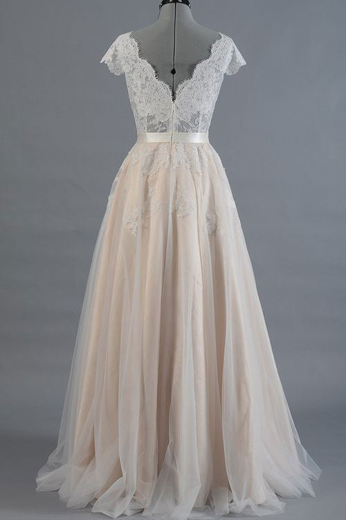 A-LINE CHAMPAGNE TULLE LACE PROM DRESS