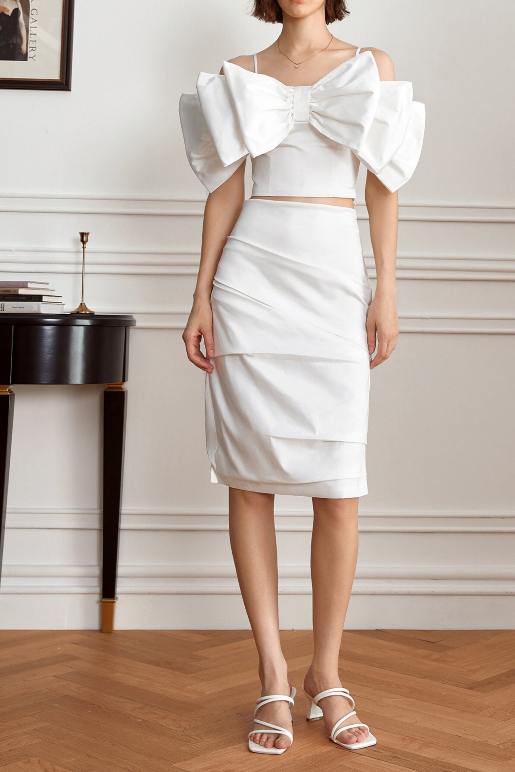 STRAPLESS BANDAGE MIDI DRESS FOR WEDDING GUEST WHITE