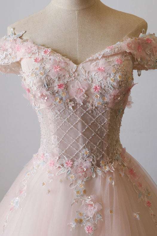 PINK OFF SHOULDER TULLE LACE PARTY DRESS