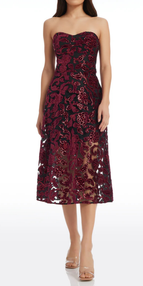 floral print strapless bustier midi dress in burgundy floral print strapless bustier midi dress in burgundy