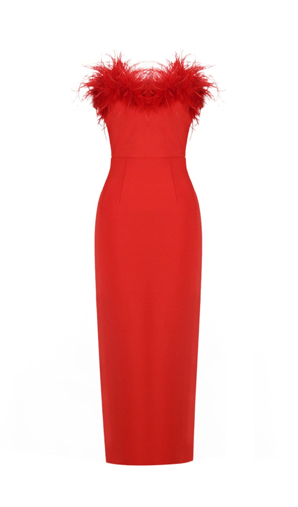 RED STRAPLESS FEATHER GOWN FOR FORMAL OCCASIONS