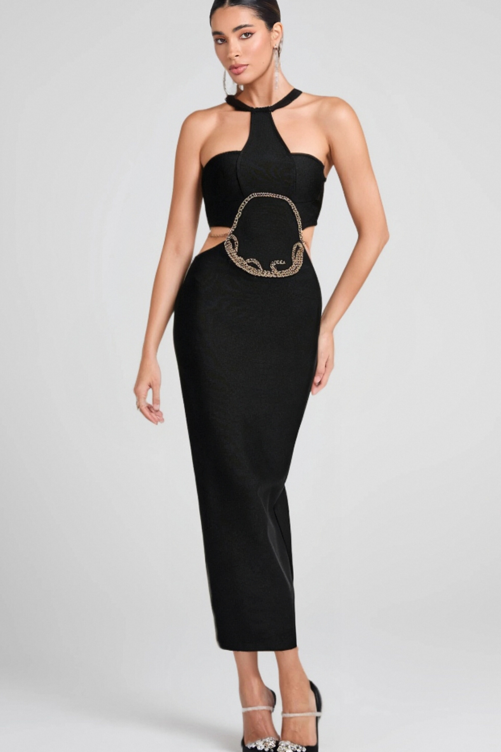 GOLD CHAIN WAIST CUTOUT BANDAGE PARTY DRESS