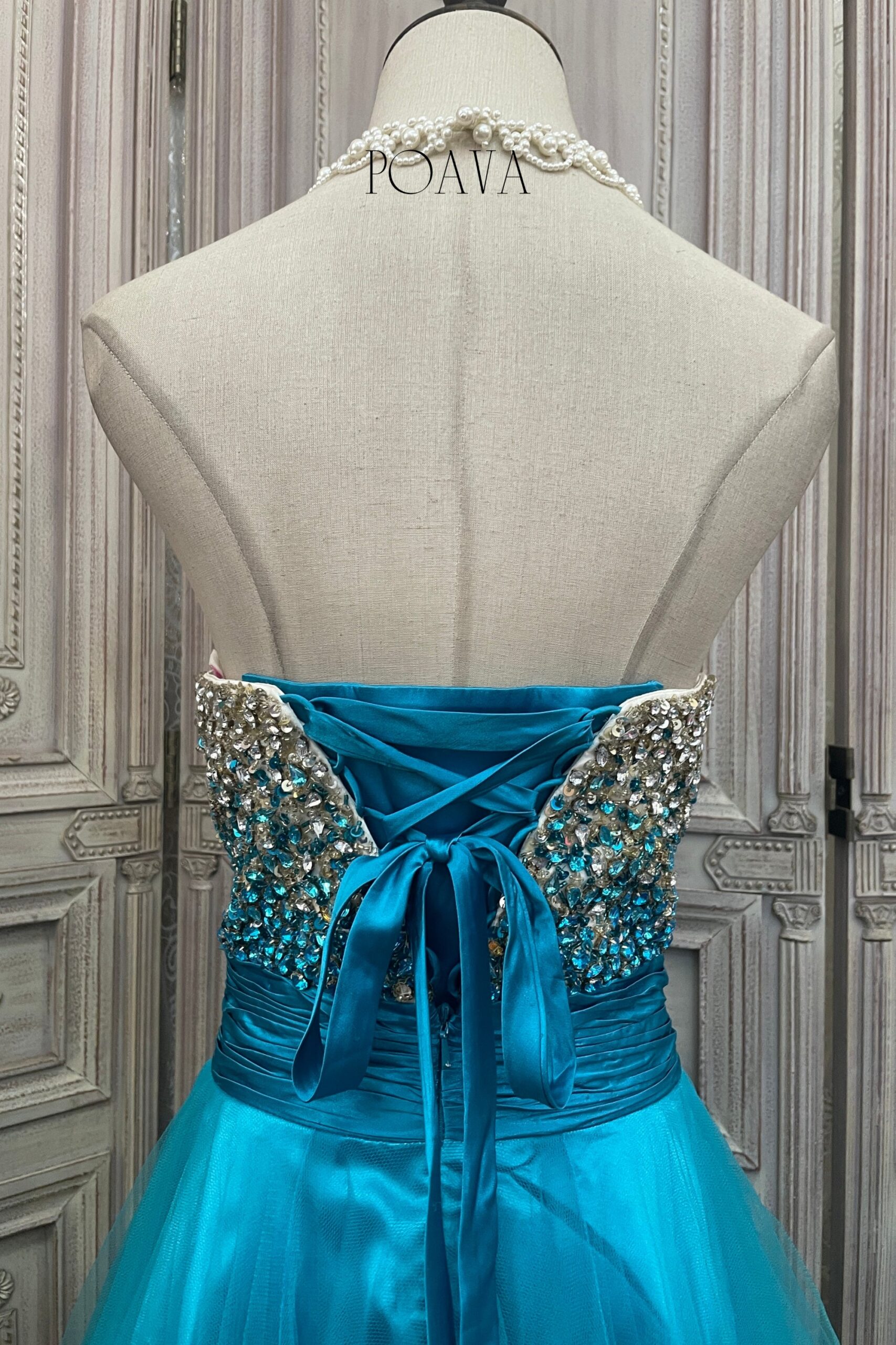 EMBELLISHED STRAPLESS BLUE MIDI DRESS FOR EVENTS