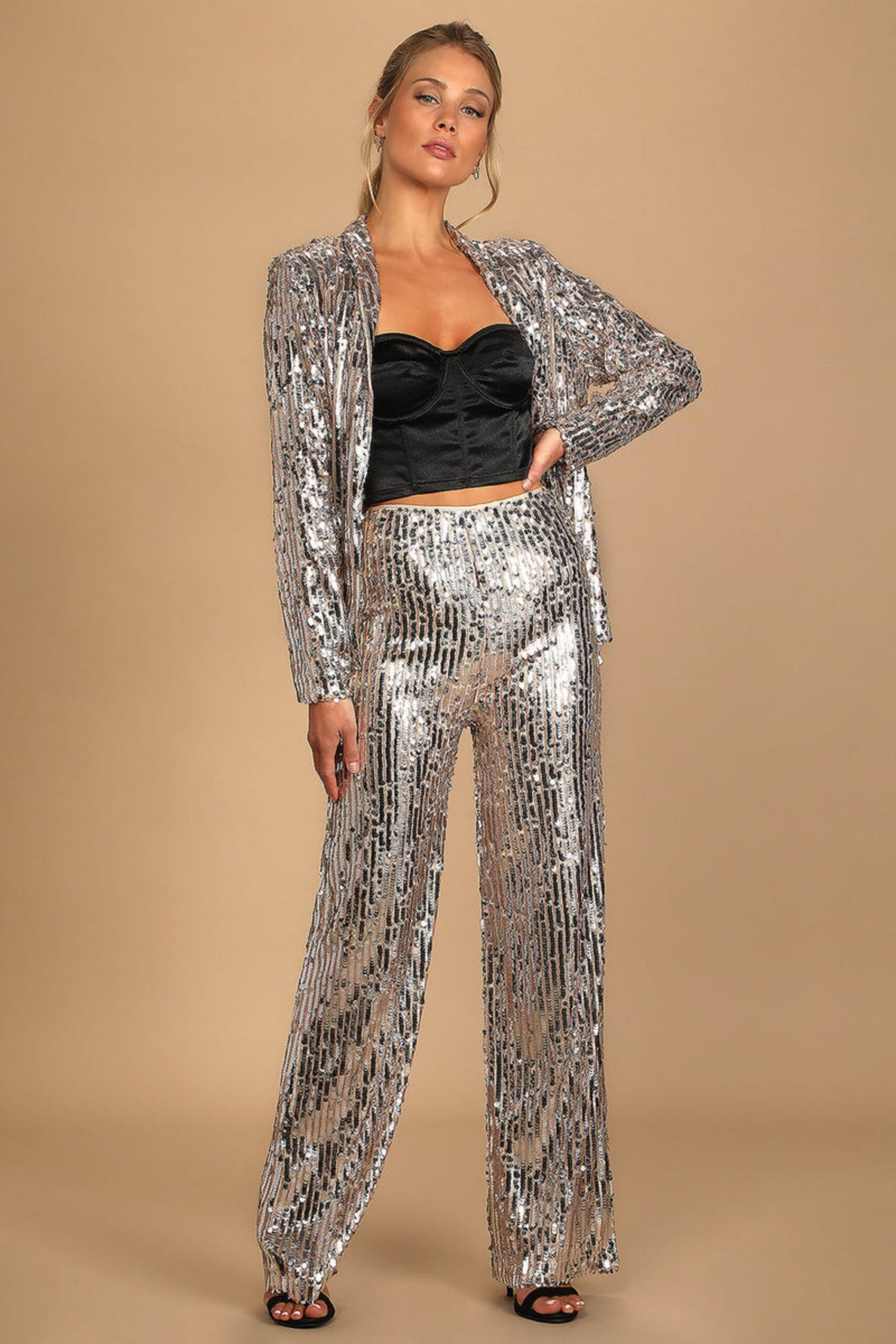 SILVER SEQUIN PALAZZO PANTS FOR PARTY