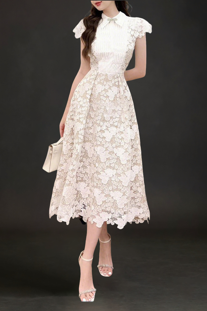 LEILA WHITE LACE MIDI DRESS WITH 3D FLOWER BOW