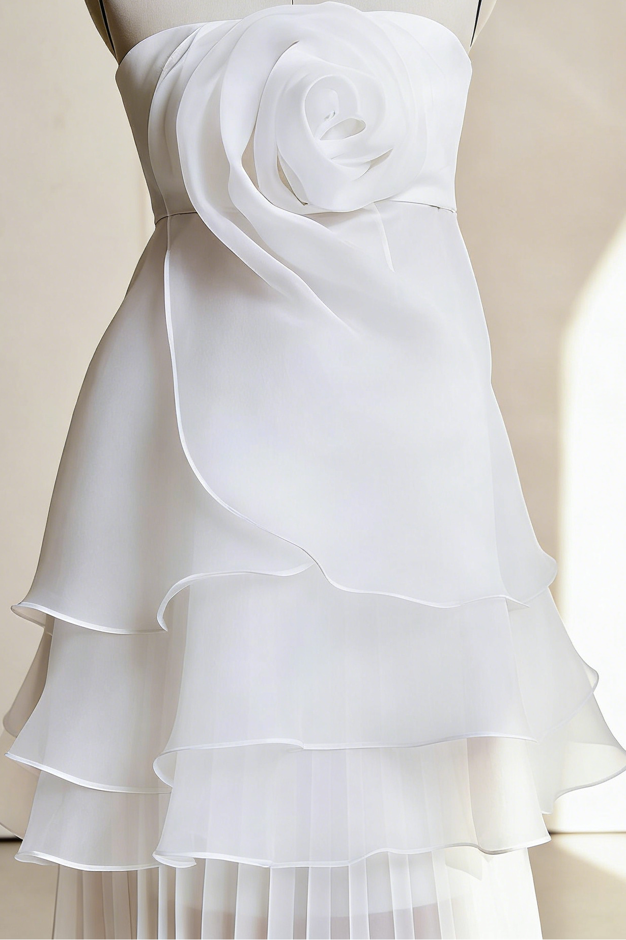 WHITE STRAPLESS ROSE APPLIQUE TIERED MAXI DRESS