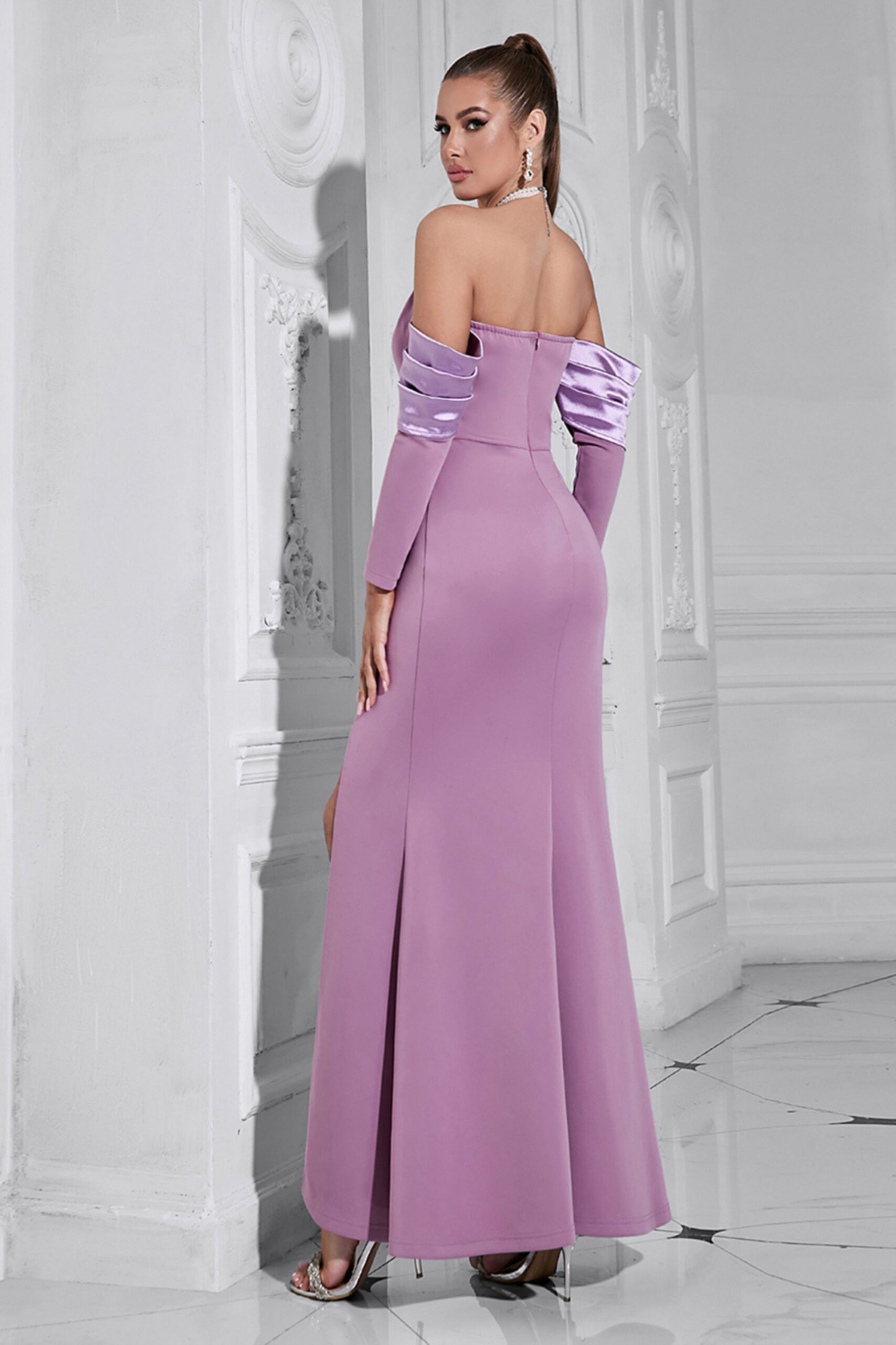 PEARL HALTER SPLIT MAXI DRESS PURPLE
