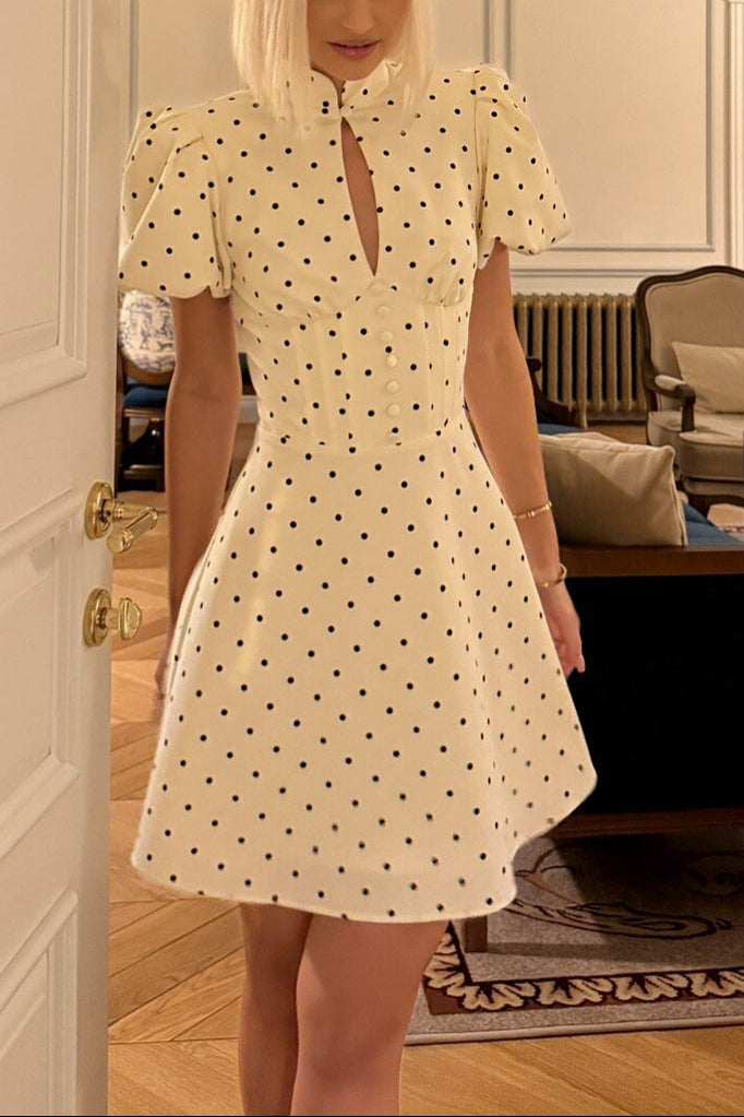 MOCK NECK PUFF SLEEVE POLKA DOT PARTY MINI DRESS