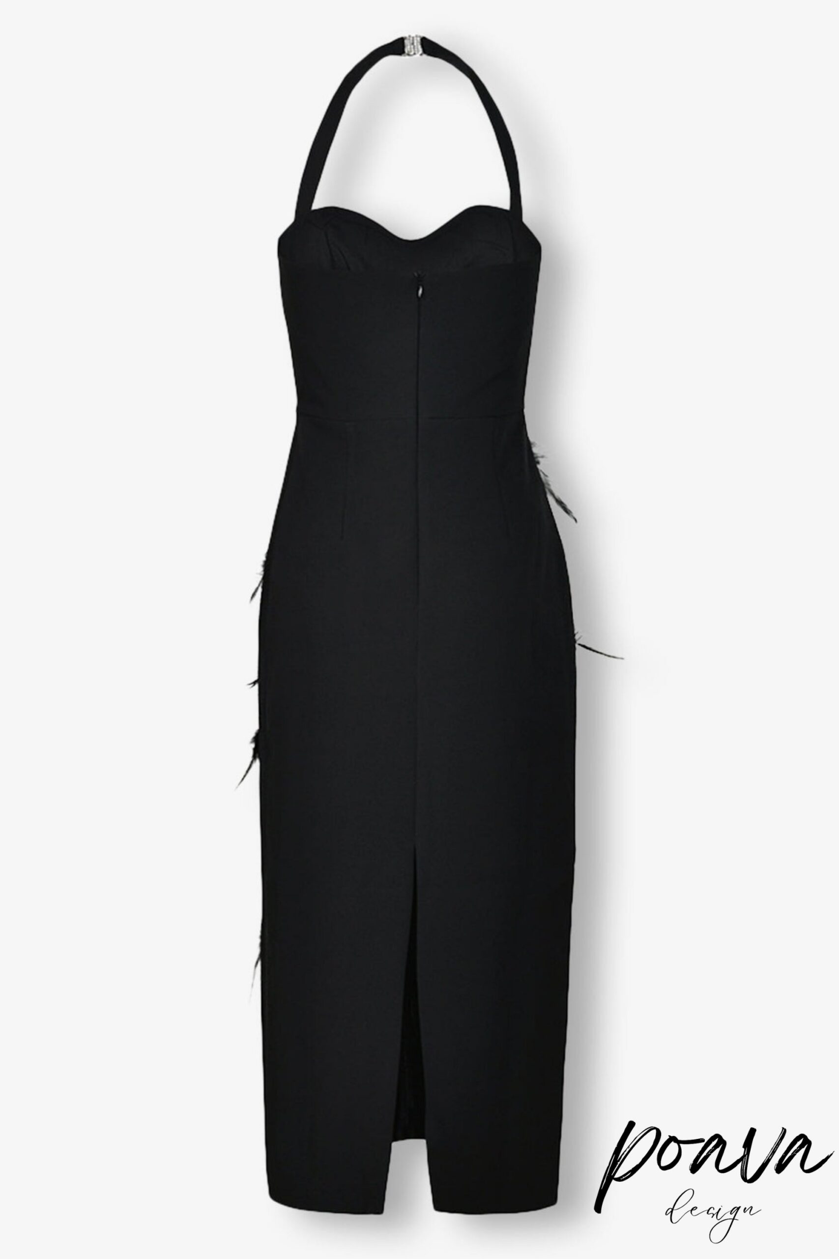 FEATHER RHINESTONE BODYCON MIDI DRESS BLACK