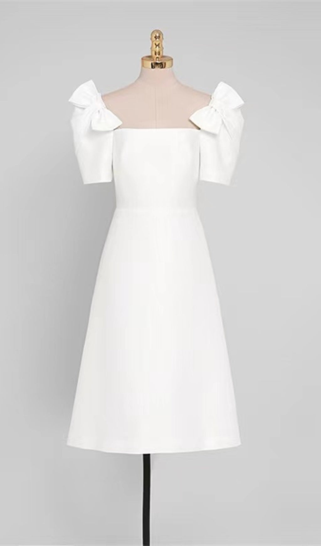 ELEGANT WHITE SQUARE NECK MIDI DRESS WITH PUFF BOW SLEEVES