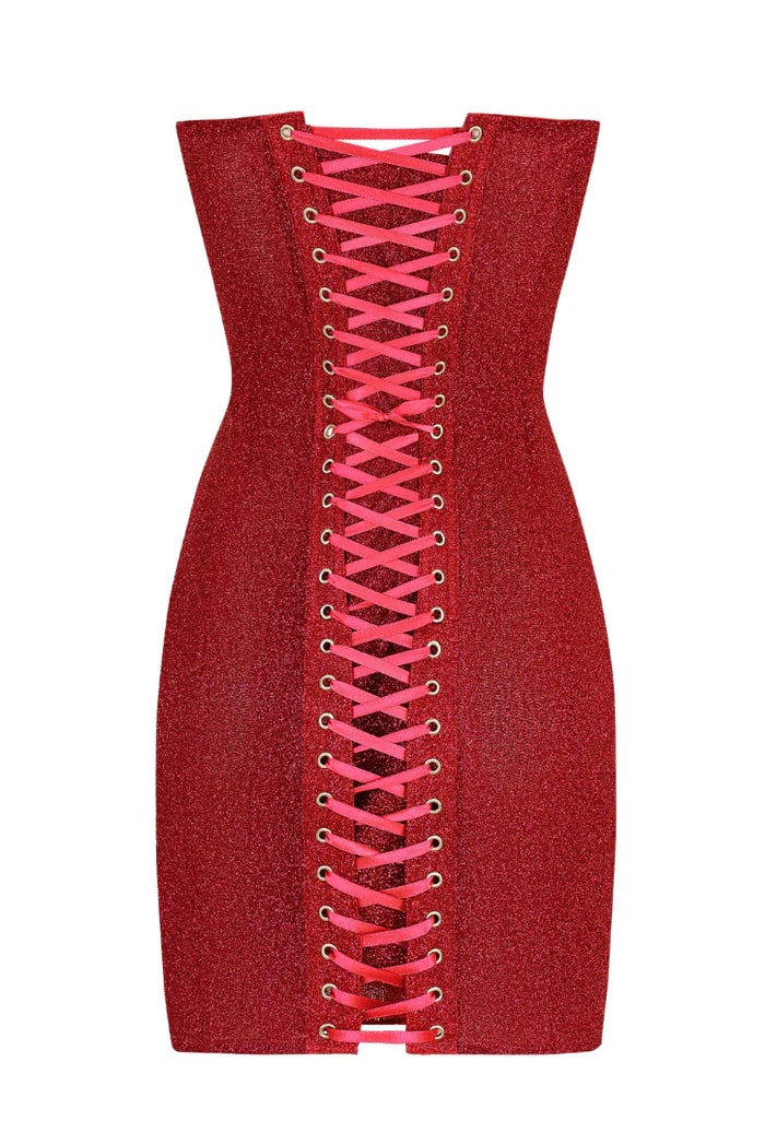 RED CORSET STRAPLESS LACE-UP BACK MINI DRESS
