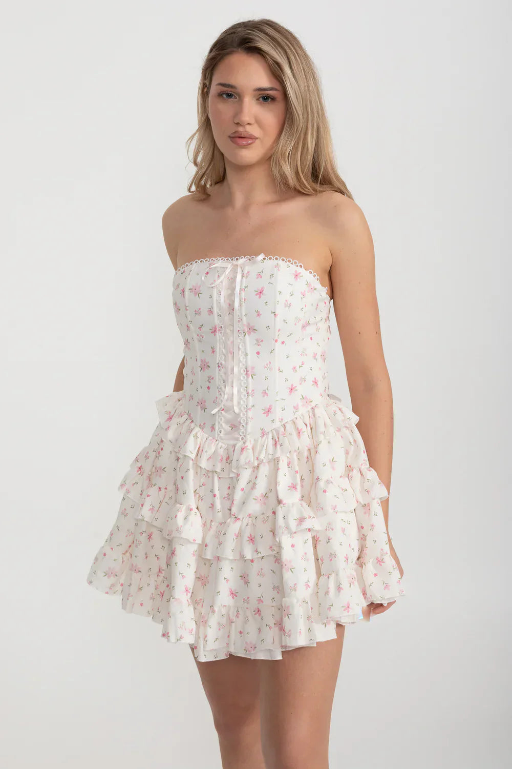 MARTHA RUFFLE STRAPLESS MINI DRESS IN PINK