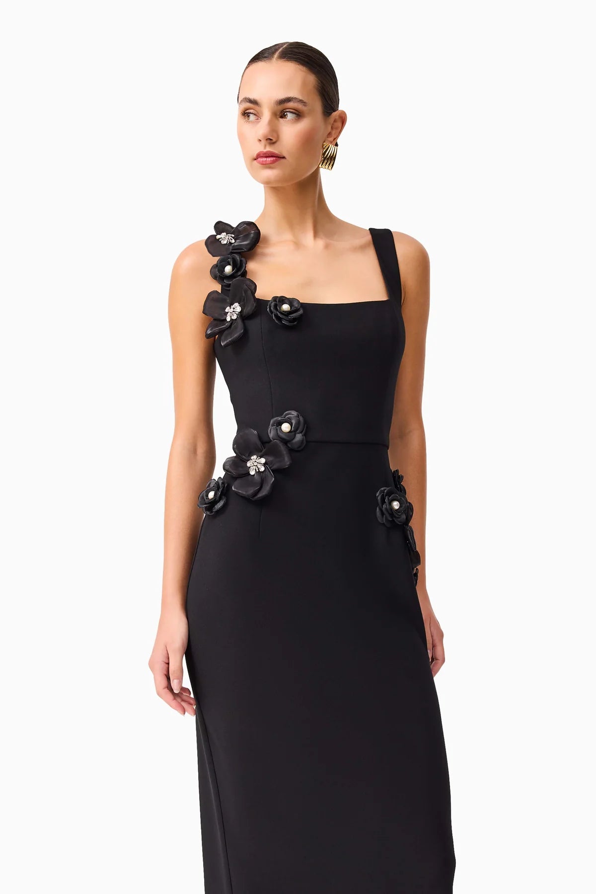 SABRINA 3D FLOWER BLACK MIDI DRESS FOR WEDDING