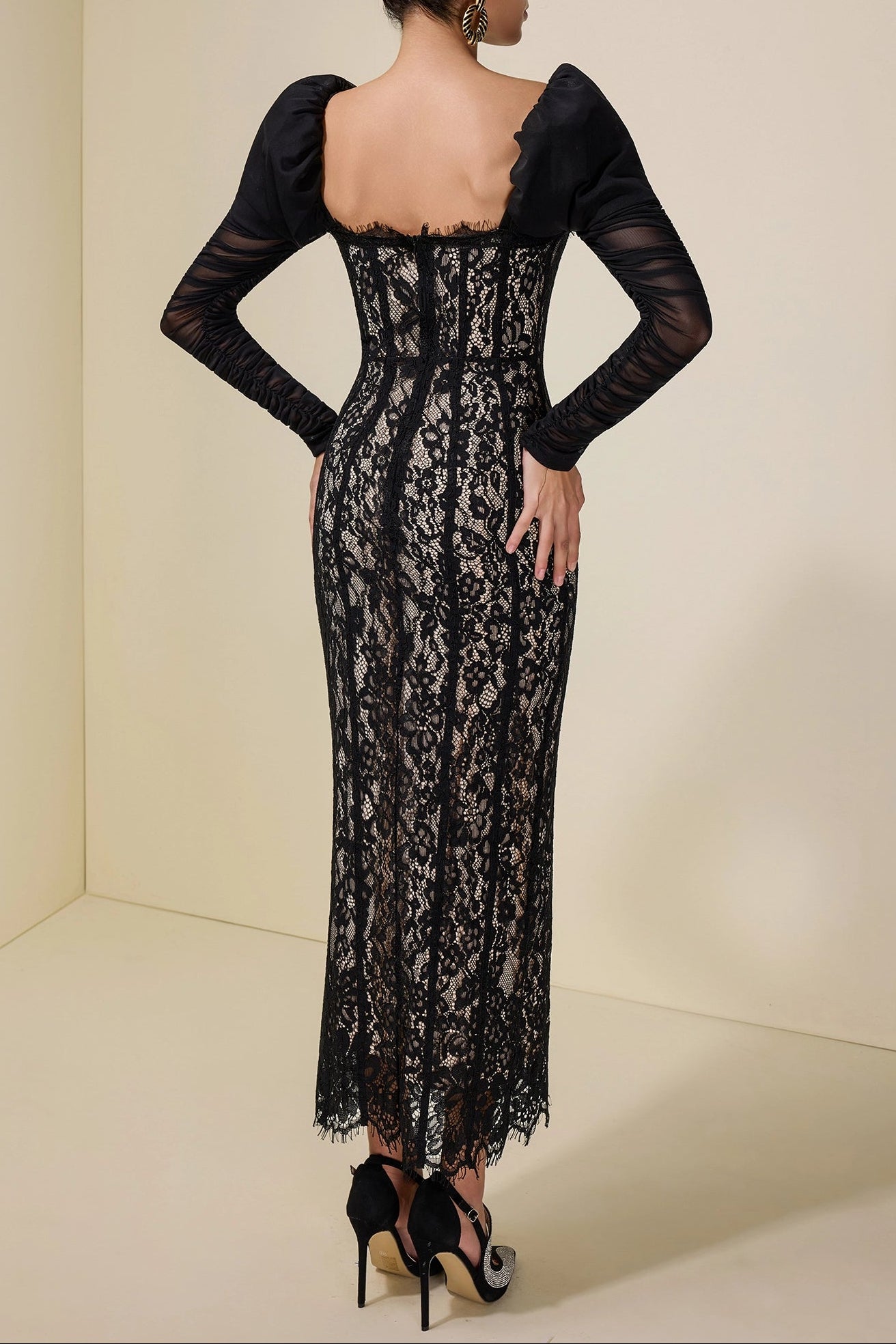 WENDY LACE MESH PUFF SLEEVE MIDI DRESS BLACK