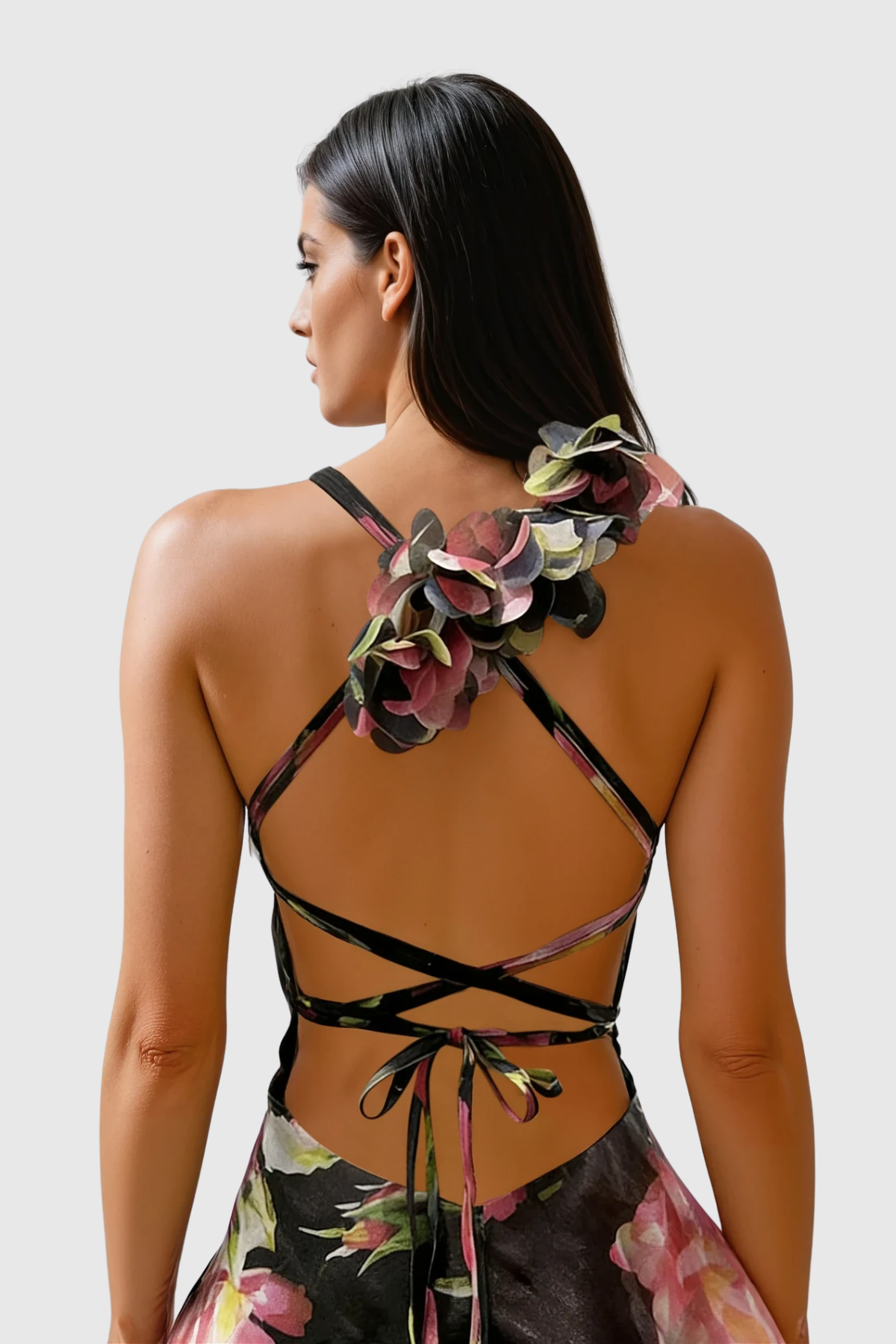 PERA FLORAL APPLIQUÉ RUFFLE MINI DRESS BLACK
