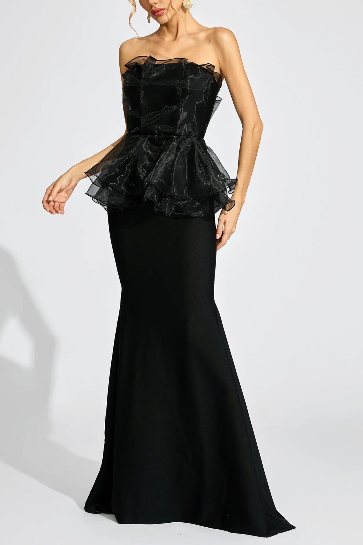 LORRAINE BLACK PEPLUM STRAPLESS MAXI DRESS