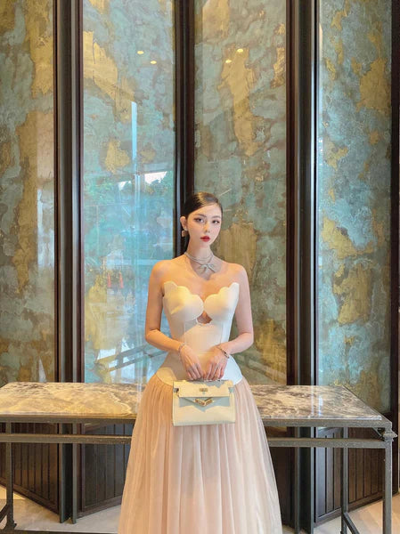TWO-TONE TUBE TOP TULLE MIDI DRESS