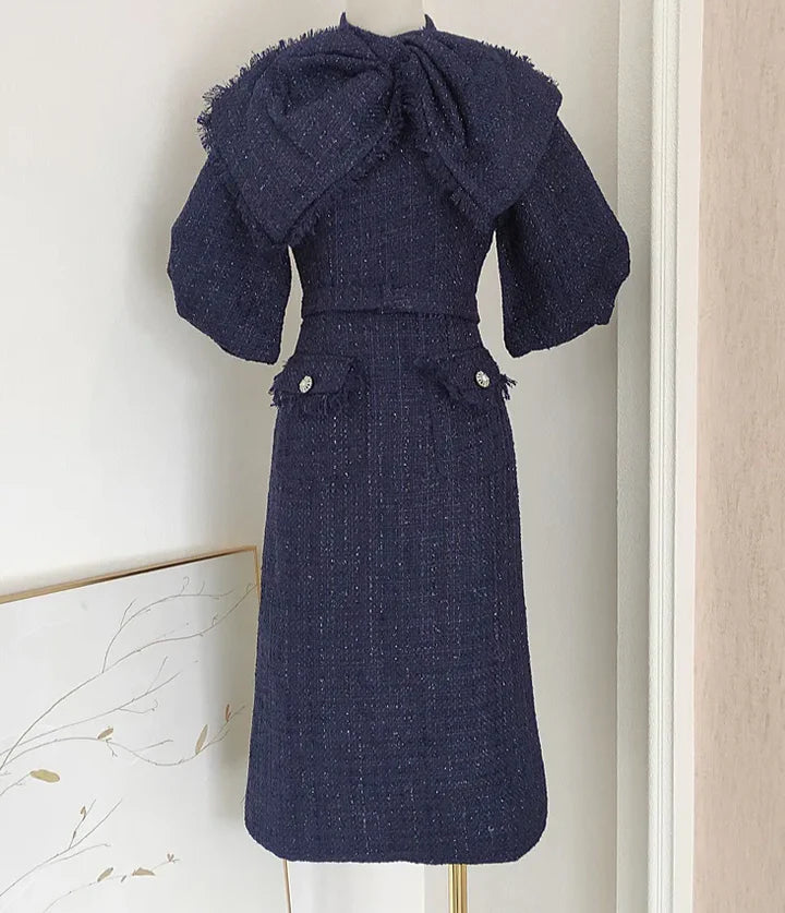 MILDRED TWEED BOW COLLAR MIDI DRESS, DARK BLUE