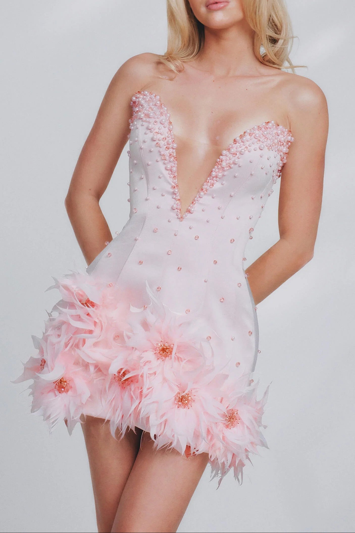 PEARL BODYCON TUBE DRESS, DEEP V-NECK MINI FOR PARTY