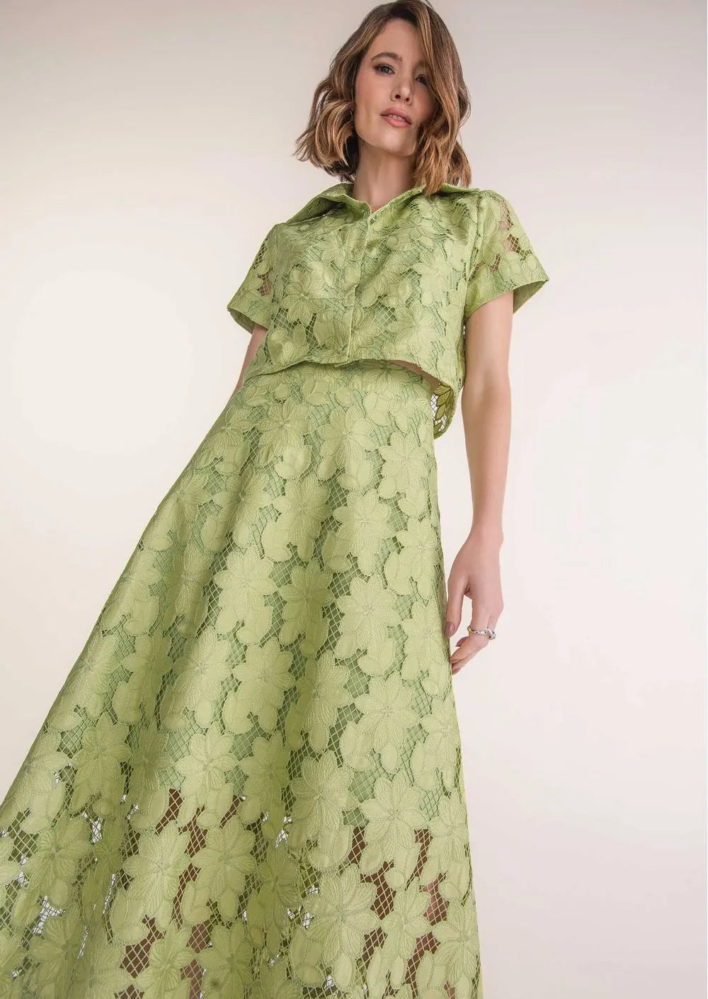 GUIPURE GREEN MIDI SKIRT & CROP SET