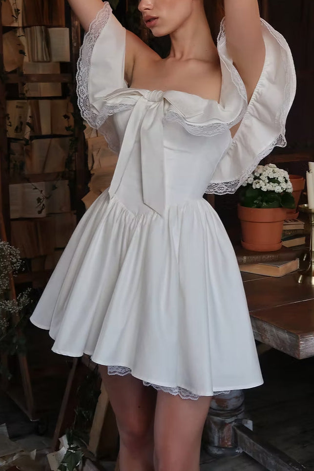 WHITE OFF-SHOULDER LACE BOW MINI DRESS FOR WEDDING