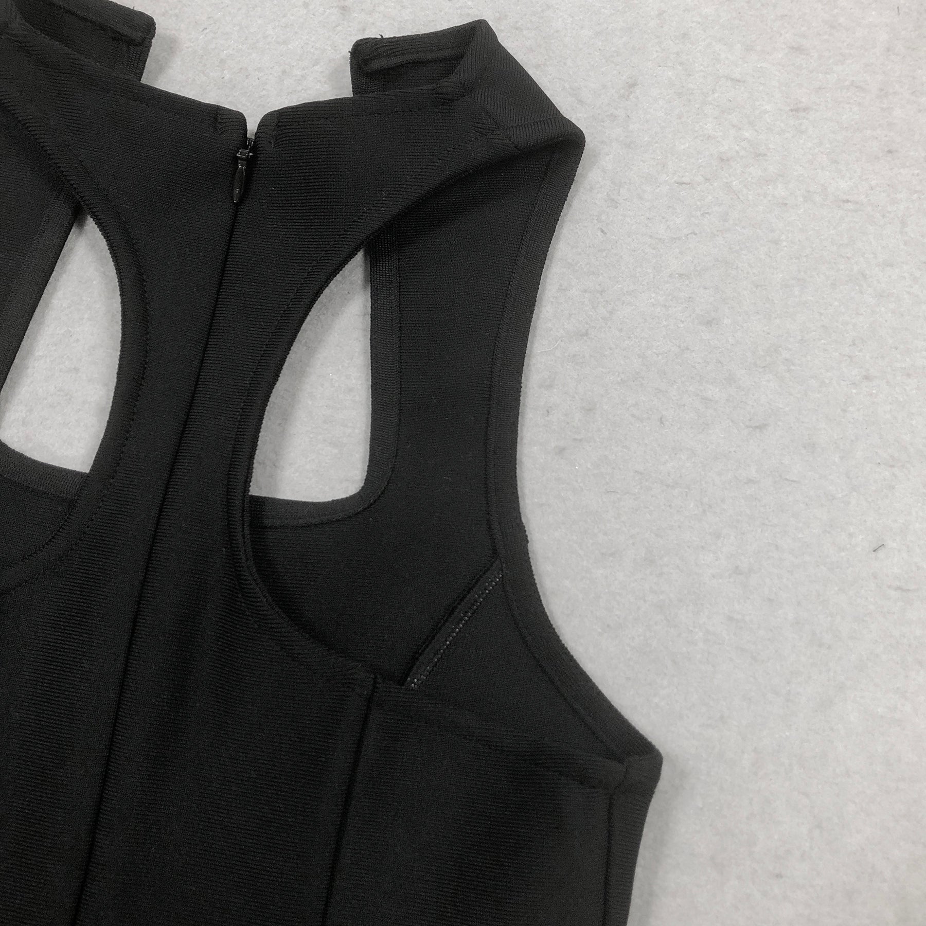 BANDAGE MINI DRESS, SLEEVELESS COLLARLESS BLACK COCKTAIL