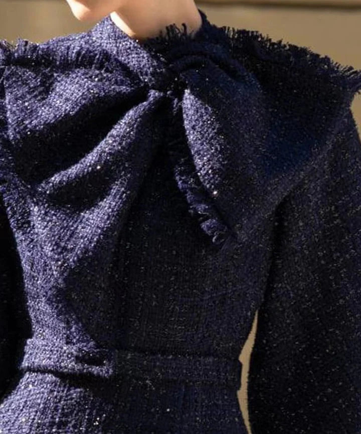 MILDRED TWEED BOW COLLAR MIDI DRESS, DARK BLUE
