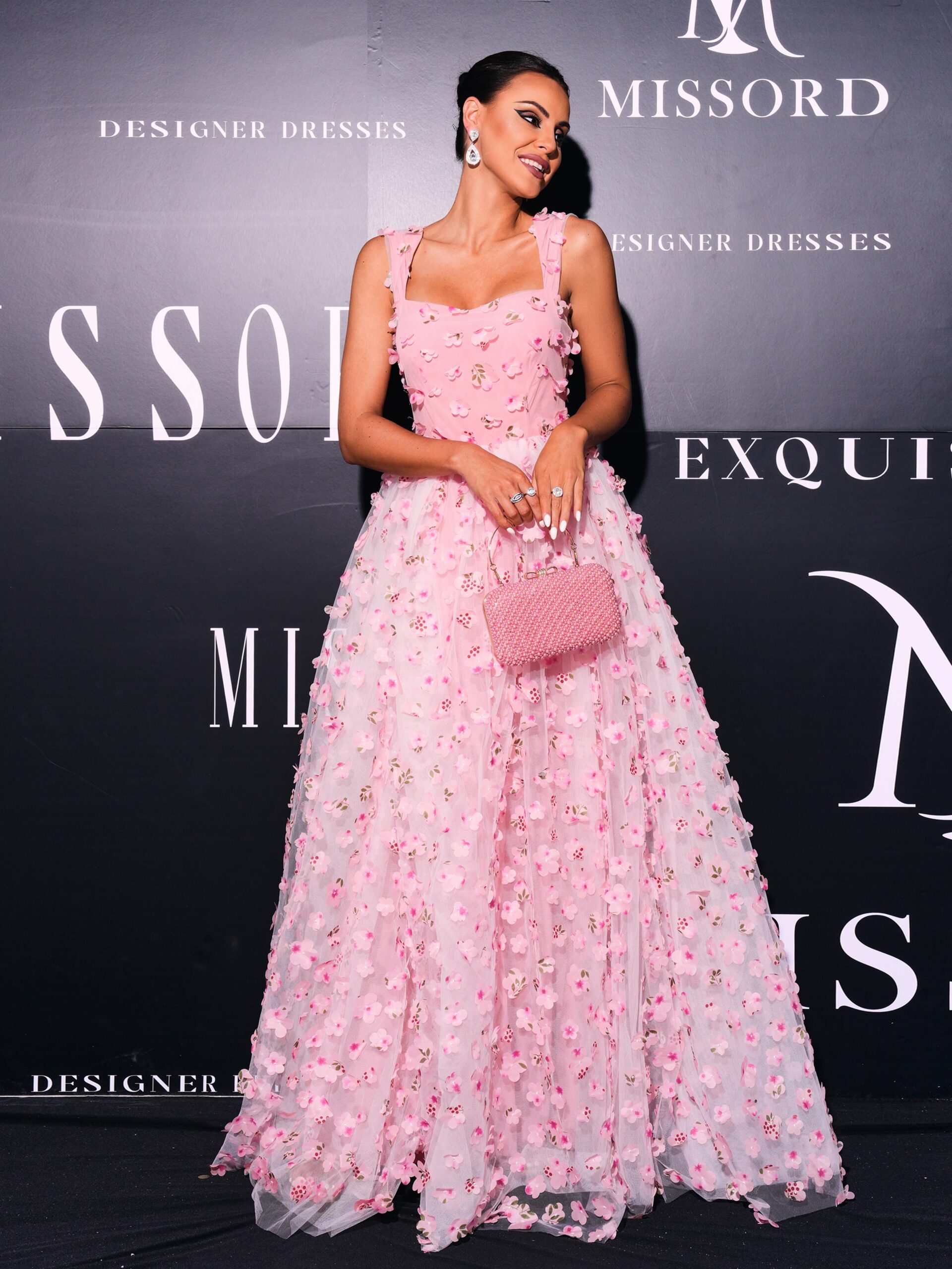 FLORAL TULLE DRESS WITH APPLIQUED PINK CAMISOLE