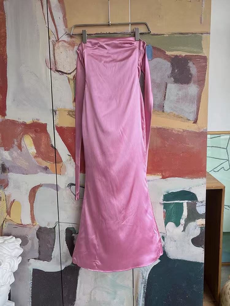 PINK SATIN HALTER MIDI DRESS WITH BACK BOW