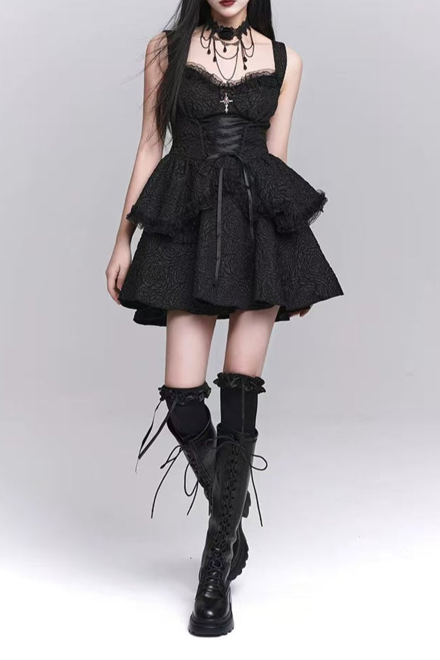 BLACK TEXTURED SUSPENDER MINI DRESS FOR PARTY