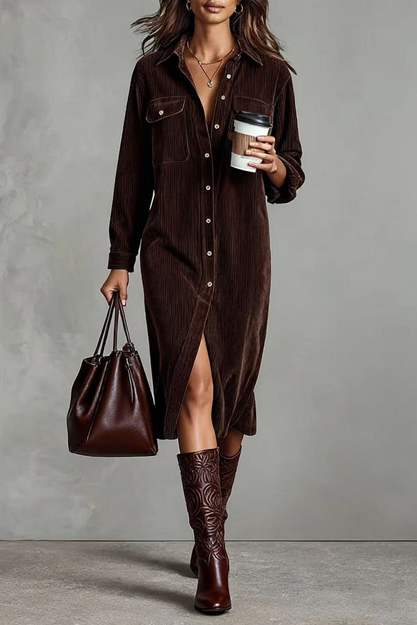 SOLID SINGLE-BREASTED SHIRT MIDI DRESS CASUAL
