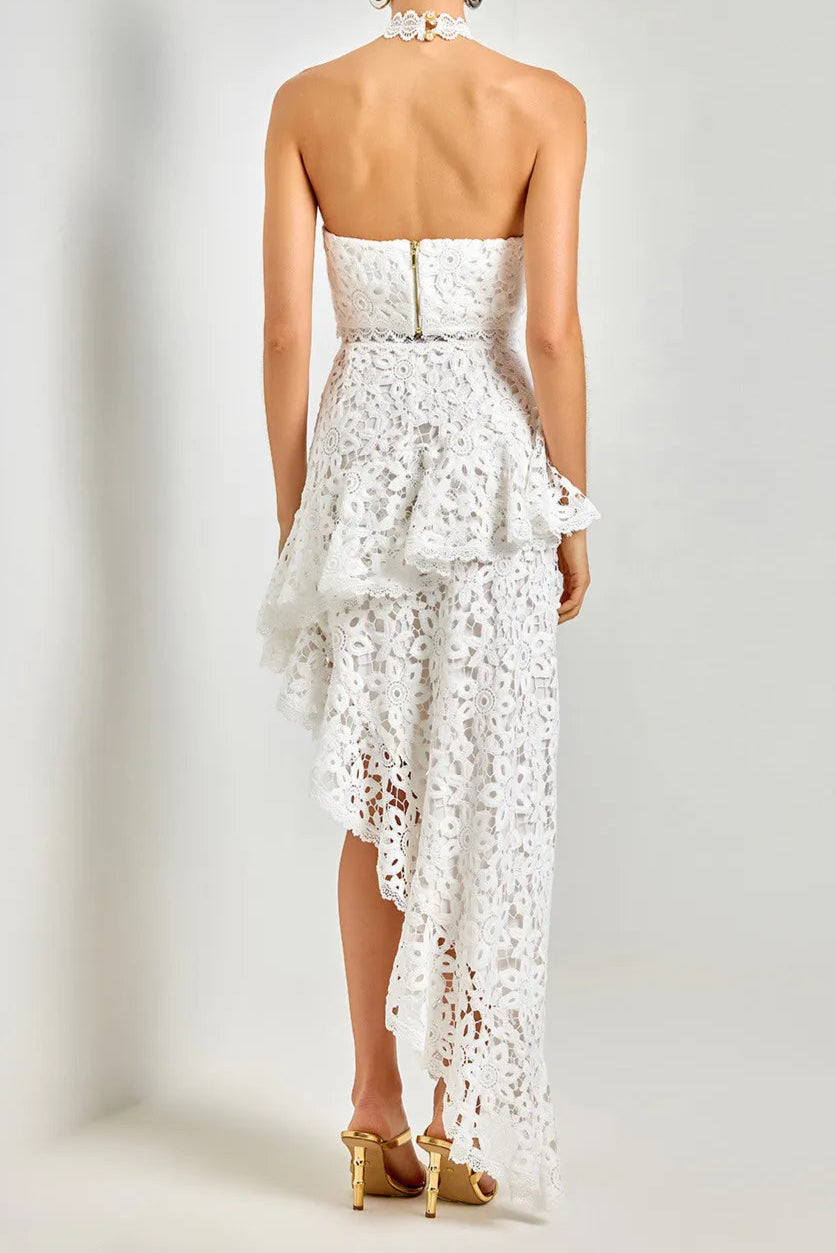 WHITE LACE SLEEVELESS TOP IRREGULAR SKIRT SET FOR PARTY