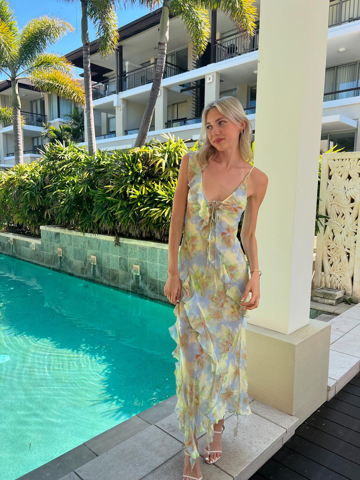 CECILIA BLUE CHIFFON RUFFLE MAXI DRESS FOR WEDDING