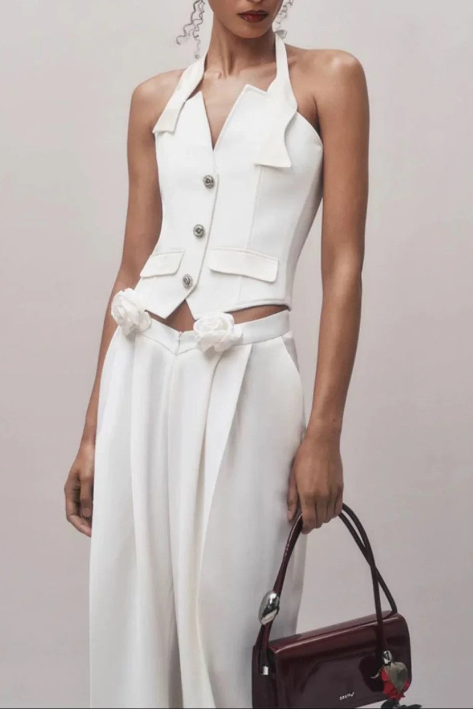 HALTER VEST FLOWER EMBELLISHED PANTS SUIT IVORY WEDDING