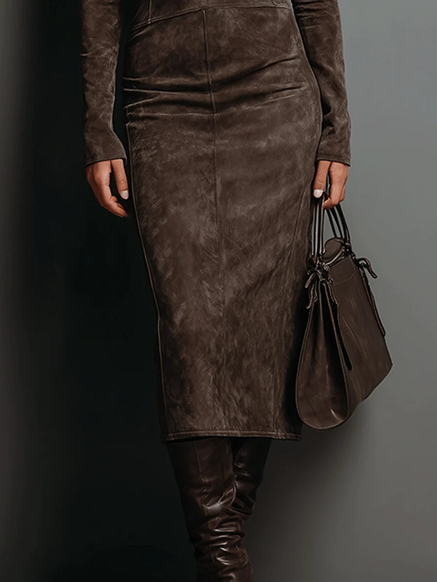 HIGH NECK LONG SLEEVE SUEDE MIDI DRESS