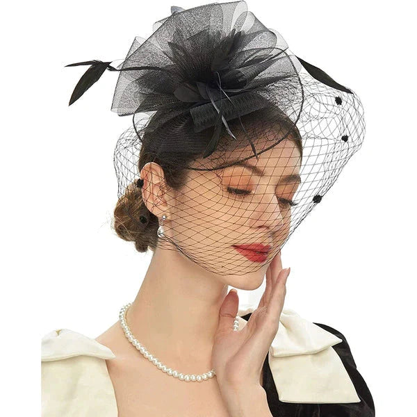 MESH COCKTAIL HAT WITH VEIL, VINTAGE WEDDING FASCINATOR
