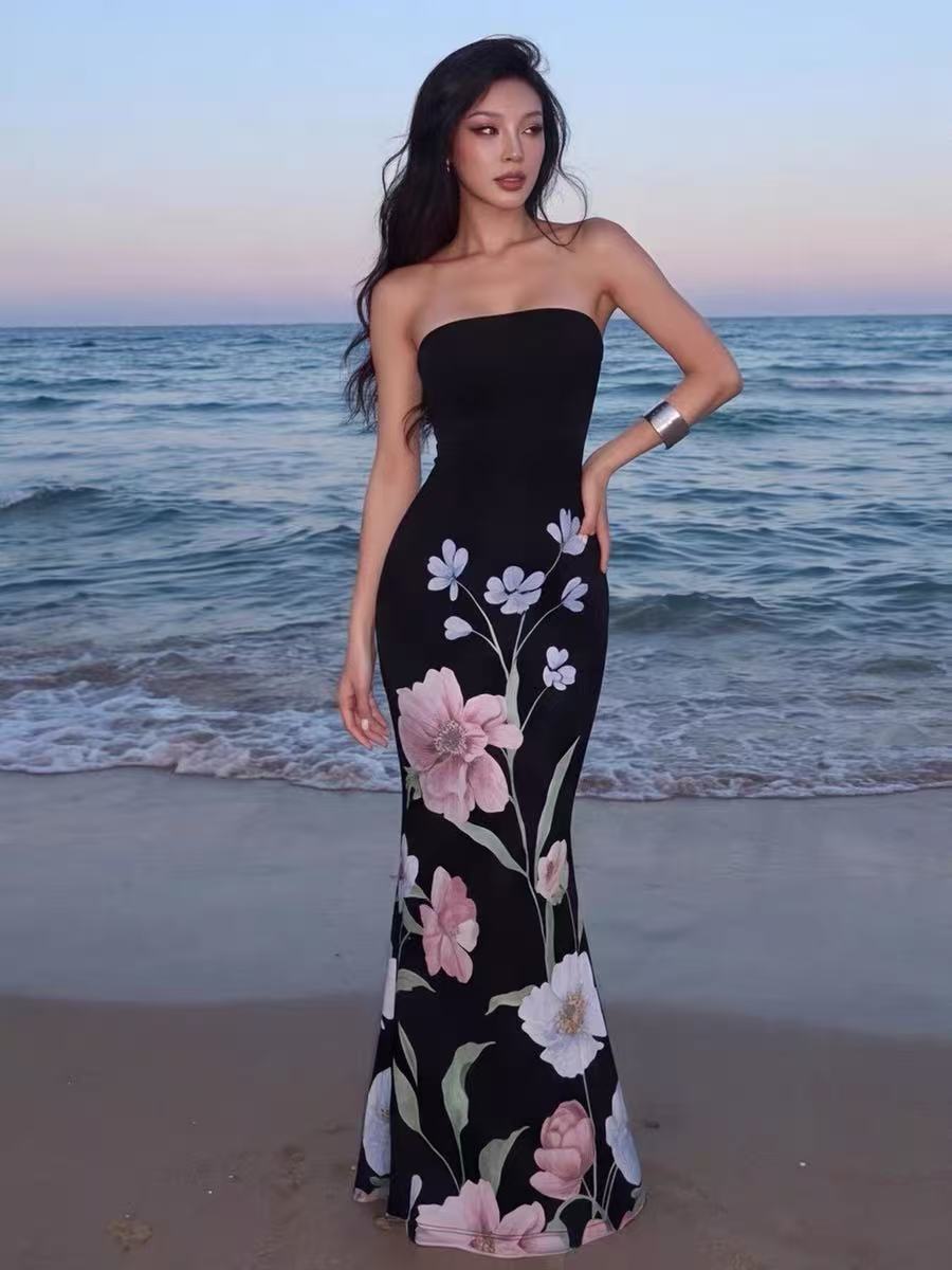 BLACK FLORAL STRAPLESS MERMAID MAXI DRESS