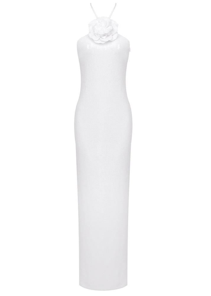 ANILA GLITTER ROSETTE HALTER MAXI DRESS WHITE