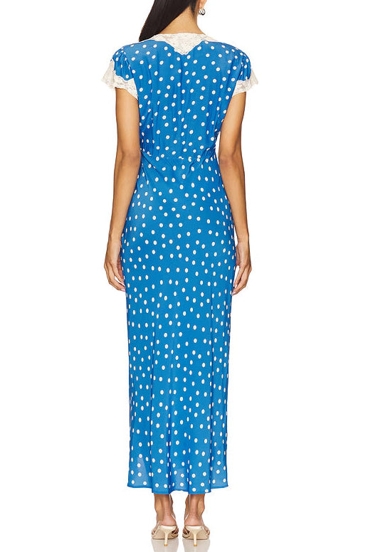 POLKA DOT LACE V-NECK MAXI DRESS IN BLUE