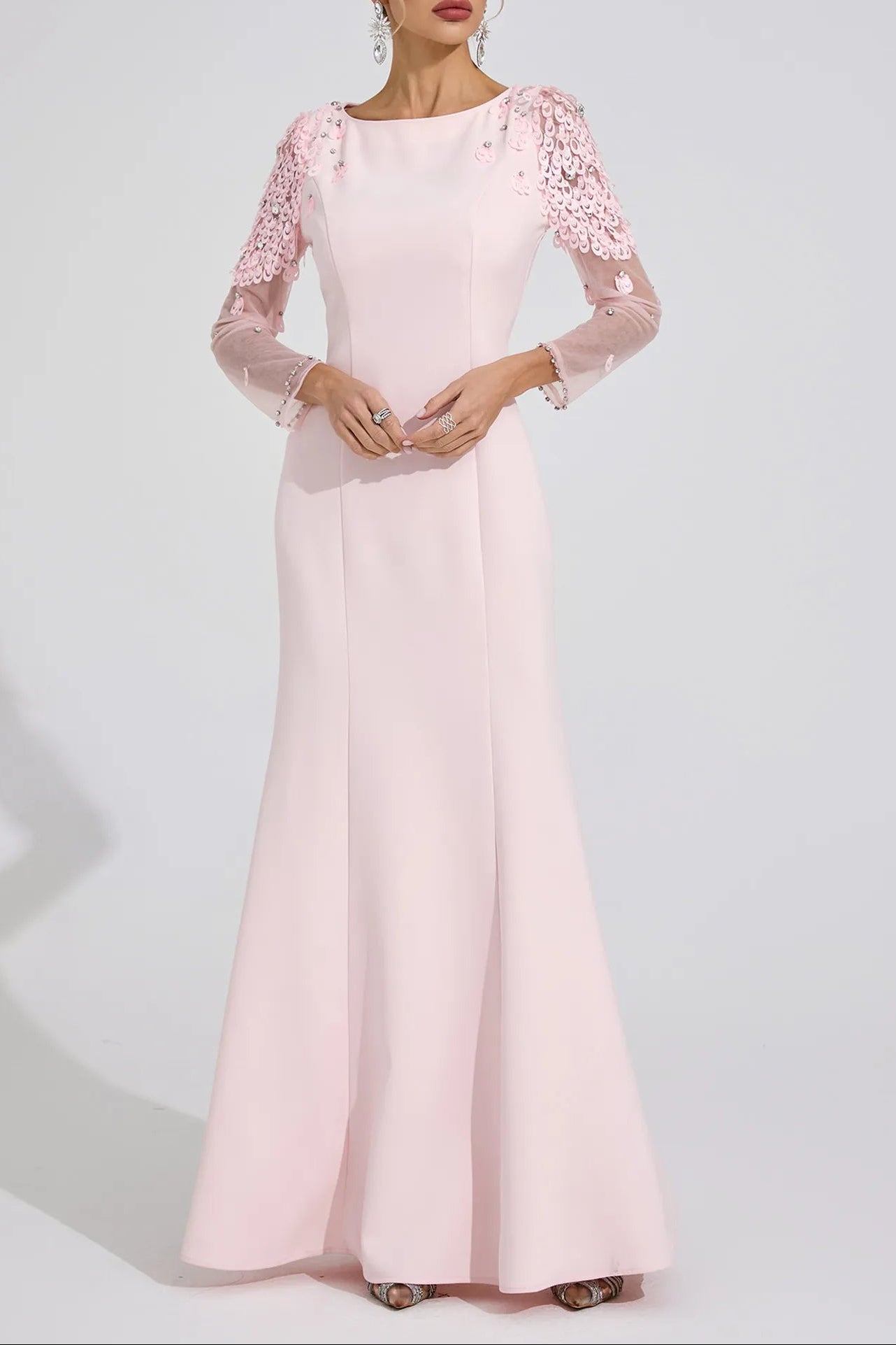 2ef1a782-4fa2-4b9c-9ea0-41cd15015fb7 VICTORIA PINK SEQUIN MESH SLEEVE MAXI DRESS
