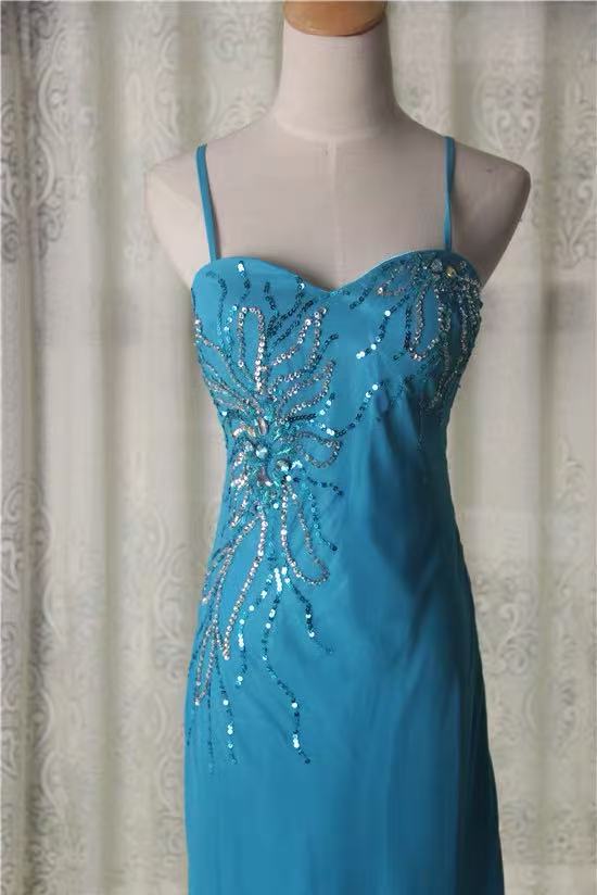 2f2efaee4c66a5ac73f01ea44a7aba85 BLUE SPAGHETTI STRAP BEADED CHIFFON LONG EVENING GOWN